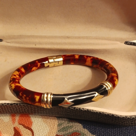 🔥 VINTAGE FLLi Mennegatti 18K GOLD & TORTOISE SHELL LACQUERED BANGLE HINGED - Picture 2 of 13